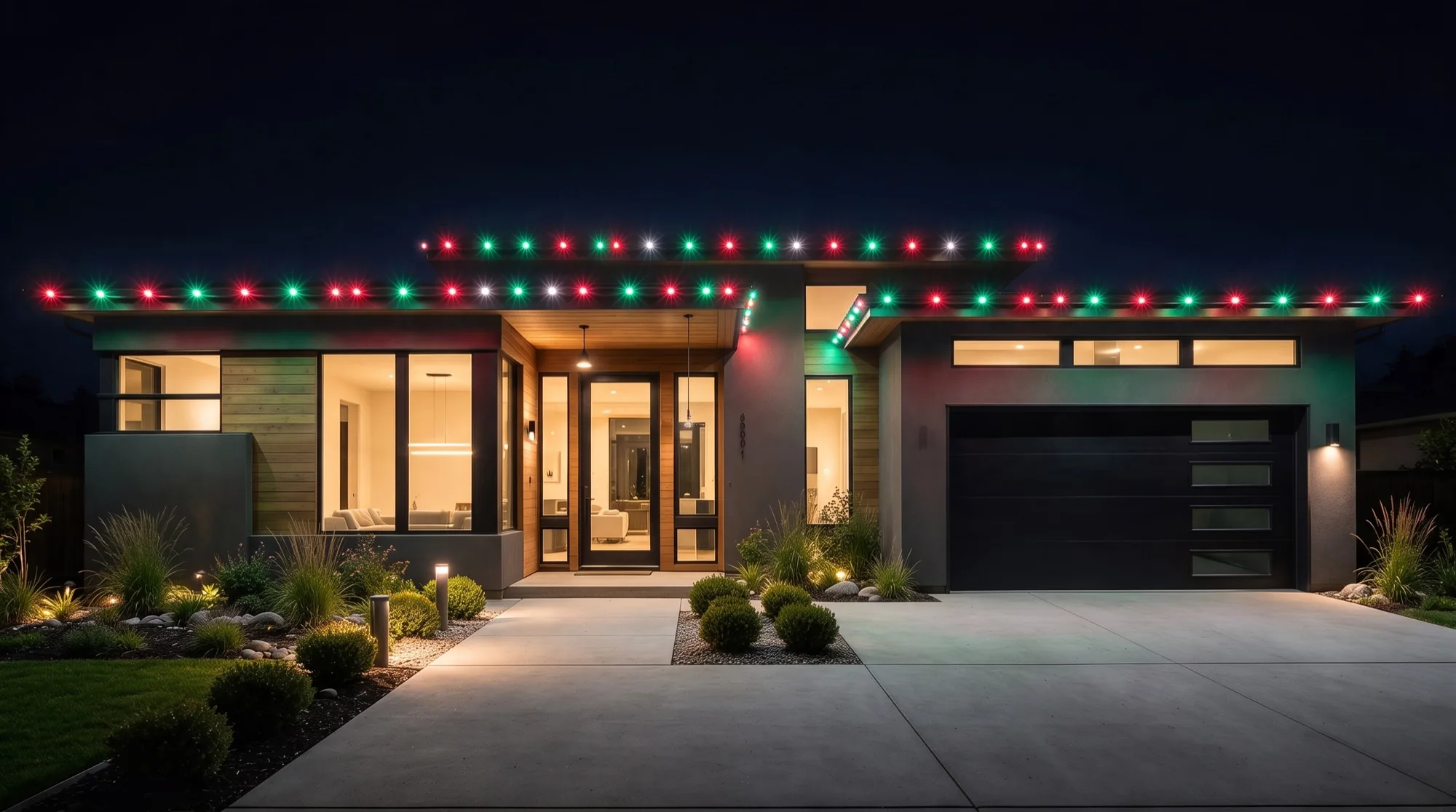 The home lit red and green for Christmas