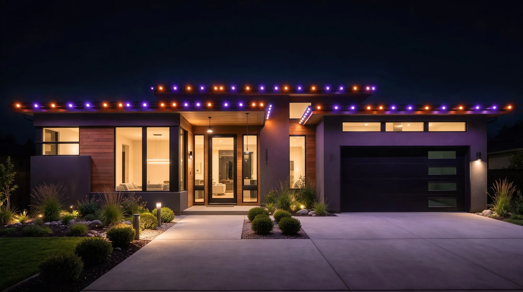 The home lit orange and purple for Halloween