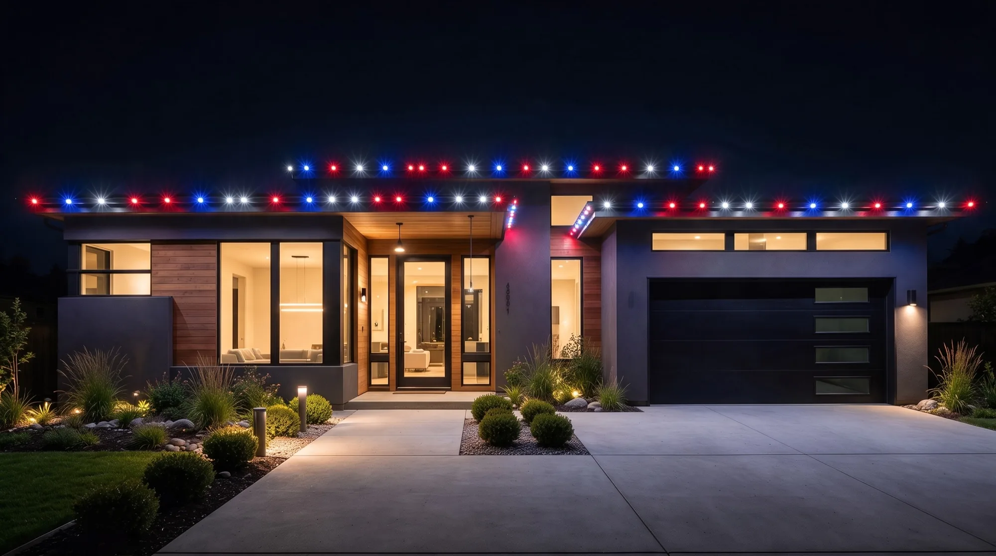The home lit red, white and blue